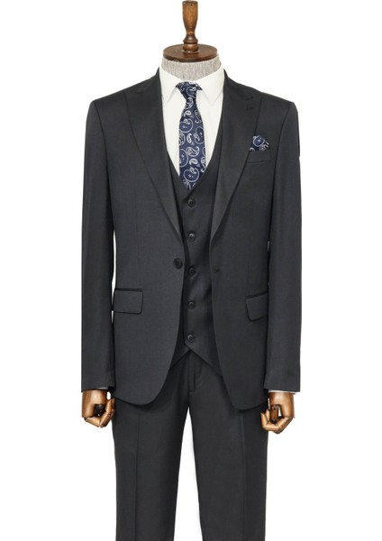 Tek Düğmeli Sivri Yaka Yelekli Siyah Erkek Takım Elbise modelleri