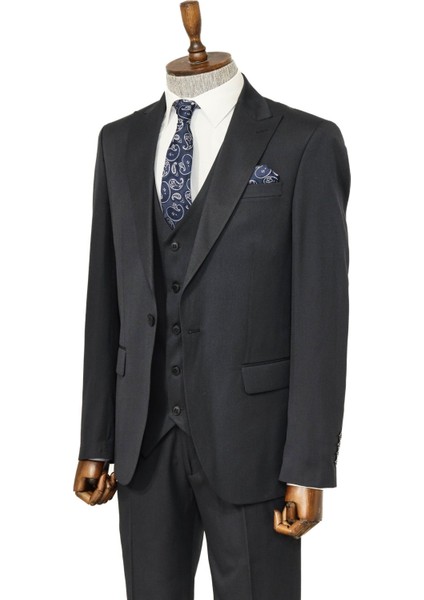 Tek Düğmeli Sivri Yaka Yelekli Siyah Erkek Takım Elbise fırsatları