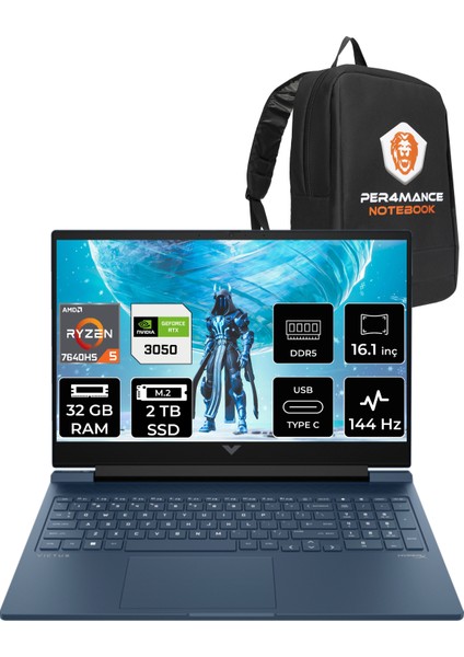 Hp Victus 16 Amd Ryzen 5 7640HS 32GB 2tb SSD RTX3050/4GB 144Hz 16.1'' Fhd Fdos Taşınabilir Bilgisayar 7Z4N2EA & Per4 Çanta 7Z4N2EAPN319