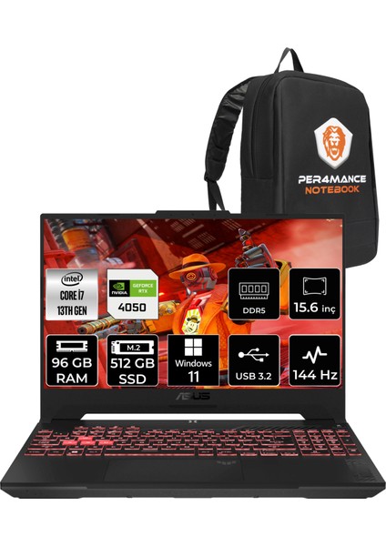 Tuf Gaming F15 Intel Core I7 13620H 96GB 512GB SSD RTX4050/6GB 144Hz 15.6" Fhd W11H Taşınabilir Bilgisayar LP259 & Per4 Çanta LP259P377