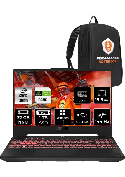 Tuf Gaming F15 Intel Core I7 13620H 32GB 1tb SSD RTX4050/6GB 144Hz 15.6" Fhd W11P Taşınabilir Bilgisayar LP259 & Per4 Çanta LP259P398