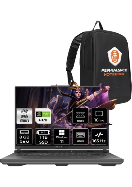 Rog Strix G16 Intel Core I7 13650HX 8gb 1tb SSD RTX4070/8GB 165Hz 16" Fhd+ W11H Taşınabilir Bilgisayar N3188 & Per4 Çanta N3188P343