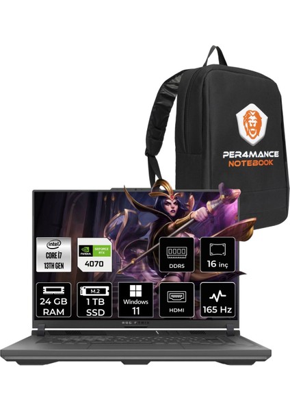 Rog Strix G16 Intel Core I7 13650HX 24GB 1tb SSD RTX4070/8GB 165Hz 16" Fhd+ W11H Taşınabilir Bilgisayar N3188 & Per4 Çanta N3188P353