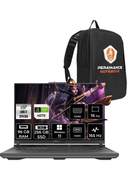 Rog Strix G16 Intel Core I7 13650HX 96GB 256GB SSD RTX4070/8GB 165Hz 16" Fhd+ W11P Taşınabilir Bilgisayar N3188 & Per4 Çanta N3188P416