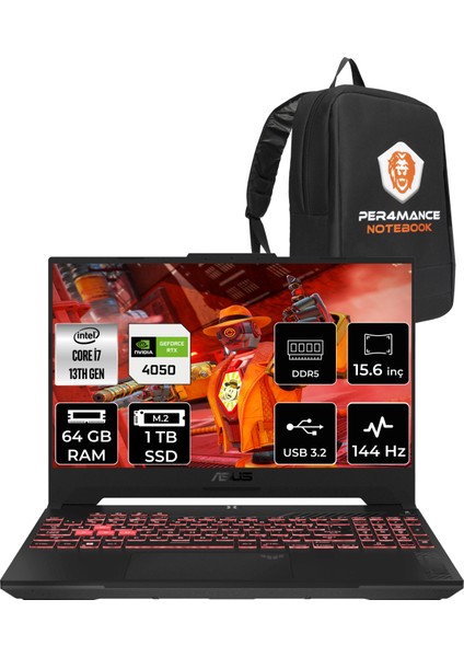 Tuf Gaming F15 Intel Core I7 13620H 64GB 1tb SSD RTX4050/6GB 144Hz 15.6" Fhd Fdos Taşınabilir Bilgisayar LP261 & Per4 Çanta LP261P333