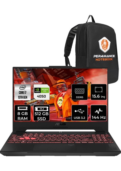 Tuf Gaming F15 Intel Core I7 13620H 8gb 512GB SSD RTX4050/6GB 144Hz 15.6" Fhd Fdos Taşınabilir Bilgisayar LP260 & Per4 Çanta LP260P302