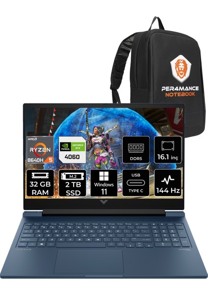 Hp Victus 16 Amd Ryzen 5 8640H 32GB 2tb SSD RTX4060/8GB 144Hz 16.1'' Fhd W11P Taşınabilir Bilgisayar A1YU0EA & Per4 Çanta A1YU0EAPN399