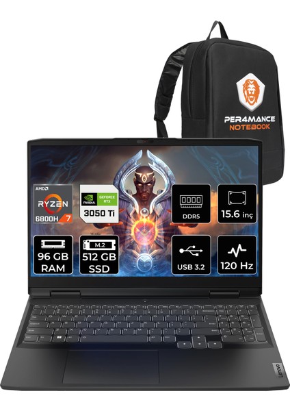 Ideapad 3 Amd Ryzen 7 6800H 96GB 512GB SSD 3050TI/4GB 15.6" Fhd 120Hz Fdos Taşınabilir Bilgisayar 82SB00X6TX & Per4 Çanta 82SB00X6TXP337