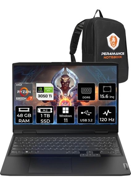 Ideapad 3 Amd Ryzen 7 6800H 48GB 1tb SSD 3050TI/4GB 15.6" Fhd 120Hz W11H Taşınabilir Bilgisayar 82SB00X6TX & Per4 Çanta 82SB00X6TXP368