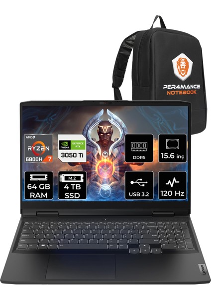 Ideapad 3 Amd Ryzen 7 6800H 64GB 4tb SSD 3050TI/4GB 15.6" Fhd 120Hz Fdos Taşınabilir Bilgisayar 82SB00X6TX & Per4 Çanta 82SB00X6TXP335