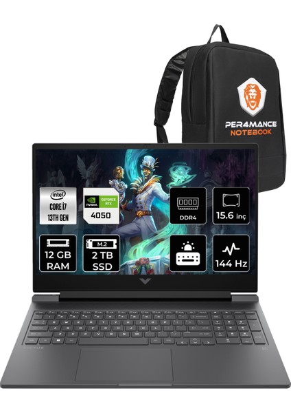 Hp Victus 15 Intel Core I7 13620H 12GB 2tb SSD RTX4050/6GB 144Hz 15.6'' Fhd Fdos Taşınabilir Bilgisayar A0BG8EA & Per4 Çanta A0BG8EAPN309