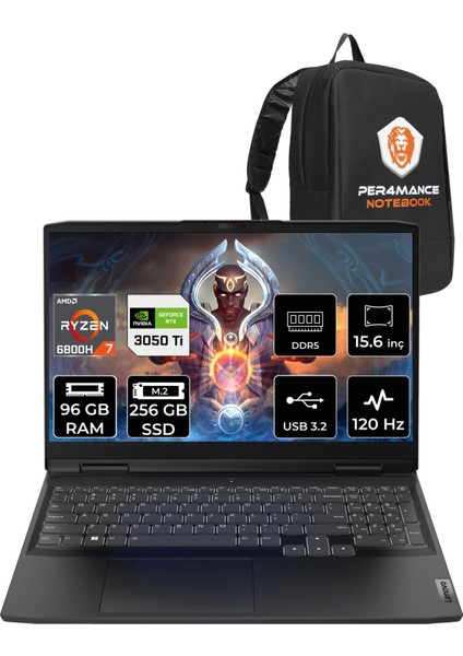 Ideapad 3 Amd Ryzen 7 6800H 96GB 256GB SSD 3050TI/4GB 15.6" Fhd 120Hz Fdos Taşınabilir Bilgisayar 82SB00X6TX & Per4 Çanta 82SB00X6TXP336