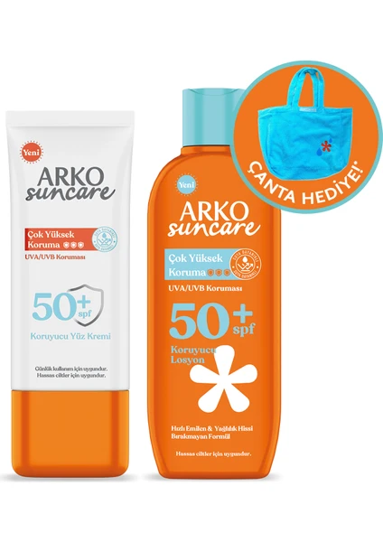 Suncare SPF50+ Vücut Güneş Losyonu 200 ml & SPF50+ Yüz Güneş Kremi 50 ml Çanta Hediyeli Ikili Yaz Seti