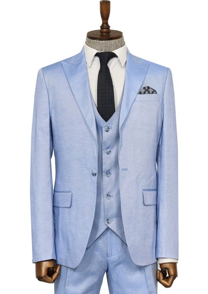Tek Düğmeli Sivri Yaka Yelekli Buz Mavi Erkek Takım Elbise