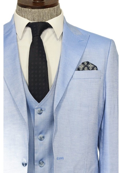 Tek Düğmeli Sivri Yaka Yelekli Buz Mavi Erkek Takım Elbise fiyatları