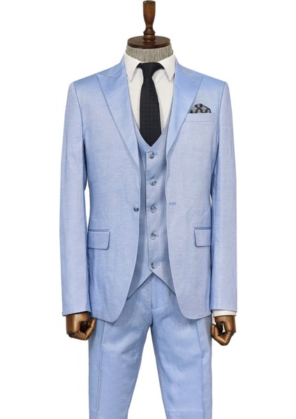 Tek Düğmeli Sivri Yaka Yelekli Buz Mavi Erkek Takım Elbise modelleri