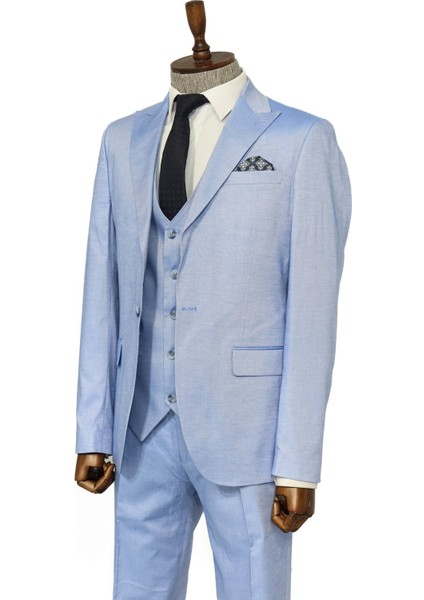 Tek Düğmeli Sivri Yaka Yelekli Buz Mavi Erkek Takım Elbise fırsatları