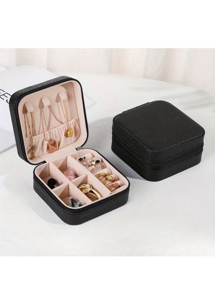 Kare Takı Organizer Kutusu Makyaj ve Mücevher Aksesuar Düzen Kutusu(Pudra - Siyah)