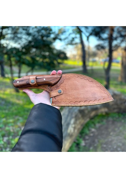 El Yapımı Sırp Satırı - Deri Kılıflı - Ahşap El Yapımı Sap - Almazan Stil - Şef, Mutfak, Outdoor, Kamp, Av,