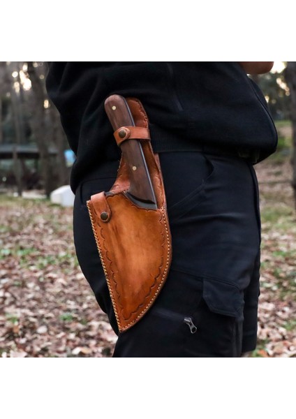 El Yapımı Sırp Satırı - Deri Kılıflı - Ahşap El Yapımı Sap - Almazan Stil - Şef, Mutfak, Outdoor, Kamp, Av,