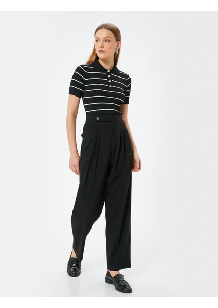 Polo Yaka Triko Kazak Kısa Kollu Gold Düğme Detaylı