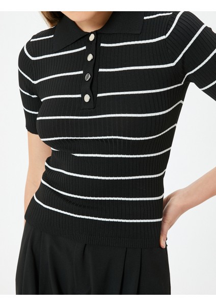 Polo Yaka Triko Kazak Kısa Kollu Gold Düğme Detaylı indirimleri