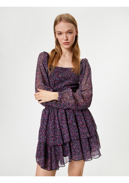 Mini Şifon Elbise Uzun Balon Kol Gipeli Kare Yaka Volanlı fiyatları