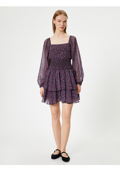 Mini Şifon Elbise Uzun Balon Kol Gipeli Kare Yaka Volanlı modelleri