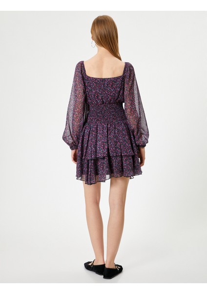 Mini Şifon Elbise Uzun Balon Kol Gipeli Kare Yaka Volanlı fırsatları