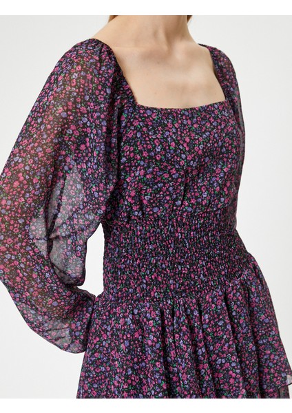 Mini Şifon Elbise Uzun Balon Kol Gipeli Kare Yaka Volanlı indirimleri