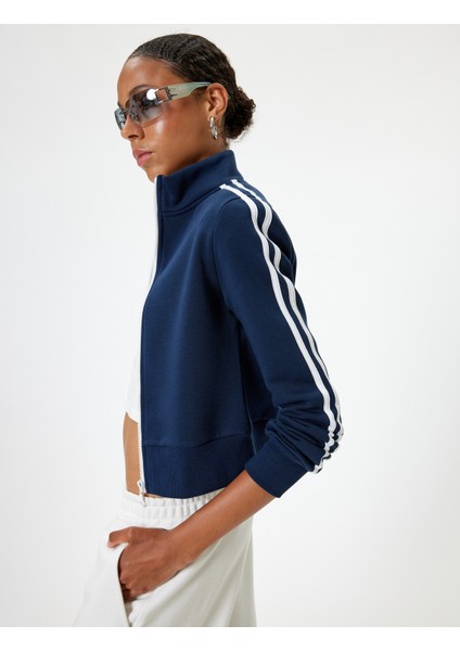 Fermuarlı Crop Sweatshirt Biyeli Dik Yaka Şardonlu
