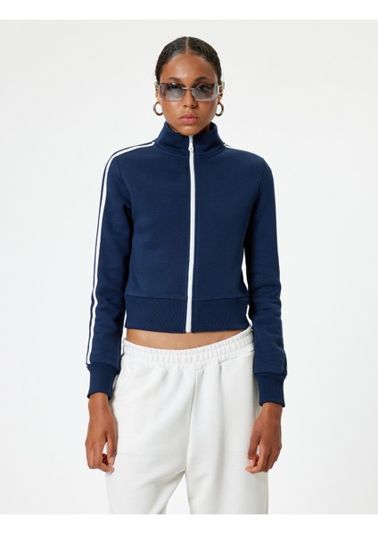 Fermuarlı Crop Sweatshirt Biyeli Dik Yaka Şardonlu modelleri