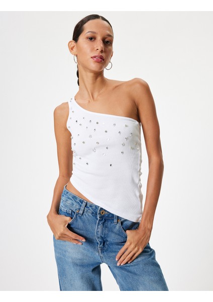 Tek Omuz Atlet Kolsuz Taş Işlemeli Asimetrik Kesim Slim Fit
