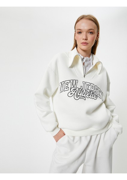 Kolej Sweatshirt Baskılı Yarım Fermuarlı Relax Fit Işlemeli Ribanalı