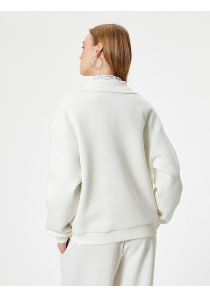 Kolej Sweatshirt Baskılı Yarım Fermuarlı Relax Fit Işlemeli Ribanalı fırsatları