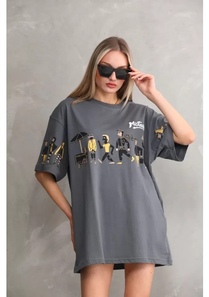 Unisex Bisiklet Yaka Baskılı Oversize T-Shirt - Gri