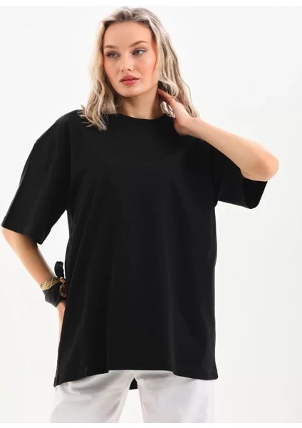 Unisex Bisiklet Yaka 20/1 Düz Oversize T-Shirt - Siyah