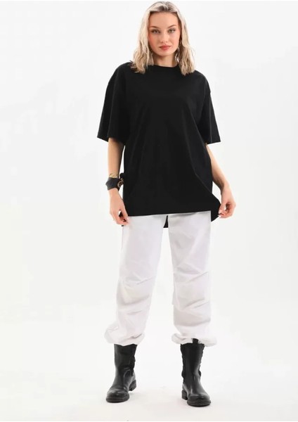 Unisex Bisiklet Yaka 20/1 Düz Oversize T-Shirt - Siyah