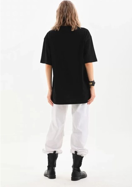 Unisex Bisiklet Yaka 20/1 Düz Oversize T-Shirt - Siyah