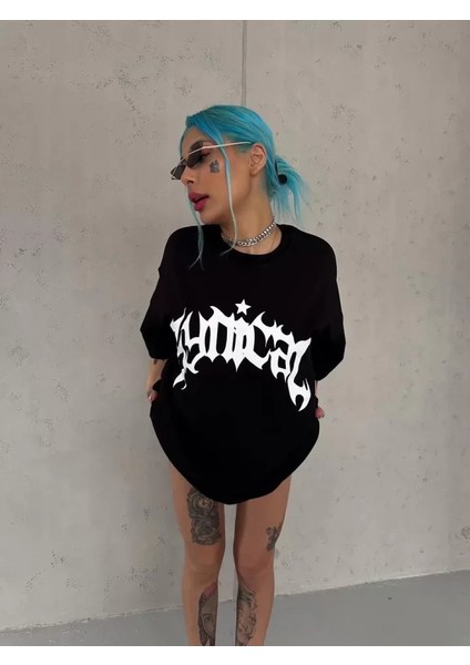 Unisex Bisiklet Yaka Baskılı Oversize T-Shirt - Siyah