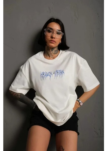 Unisex Bisiklet Yaka Baskılı Oversize T-Shirt - Beyaz