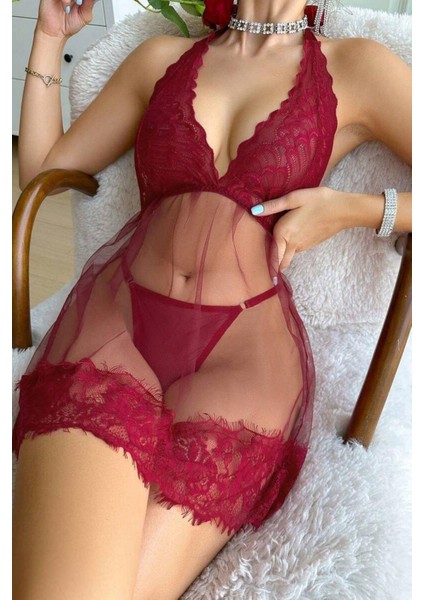 Secret Dream Bordo Love Model Boyundan Bağlamalı Gecelik