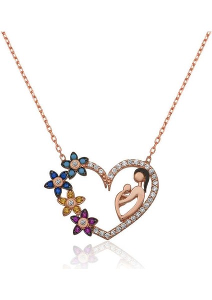 Gümüş Kalpli Anne Çocuk Bayan Kolye