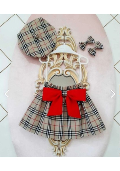 Burbery Desen Paperbag Etek & Ressam Şapkası & Toka Takım