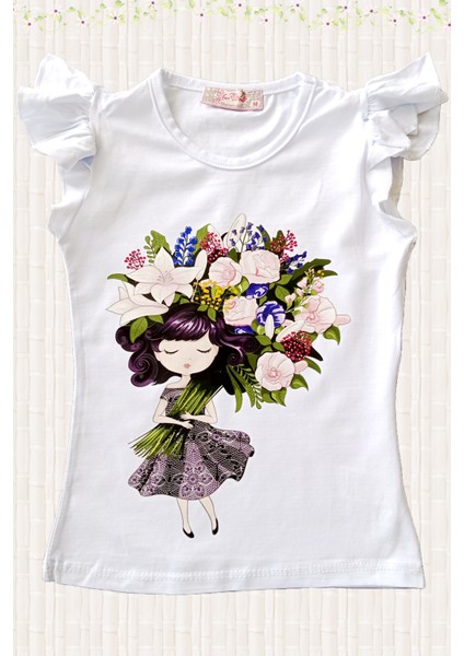 Kız Çocuk T-Shirt Beyaz Renk Pamuklu Baskılı Çocuk Penye