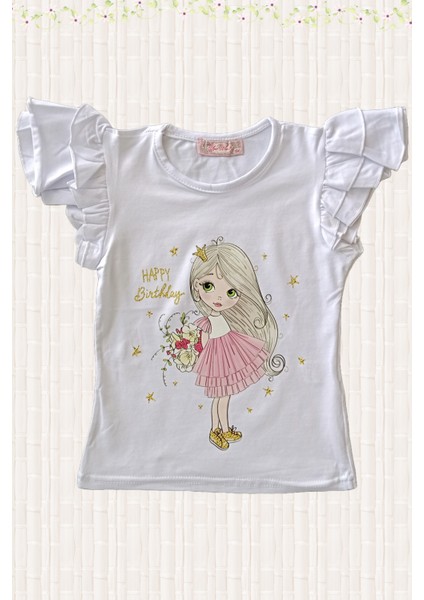 Kız Çocuk T-Shirt Beyaz Renk Pamuklu Baskılı Çocuk Penye