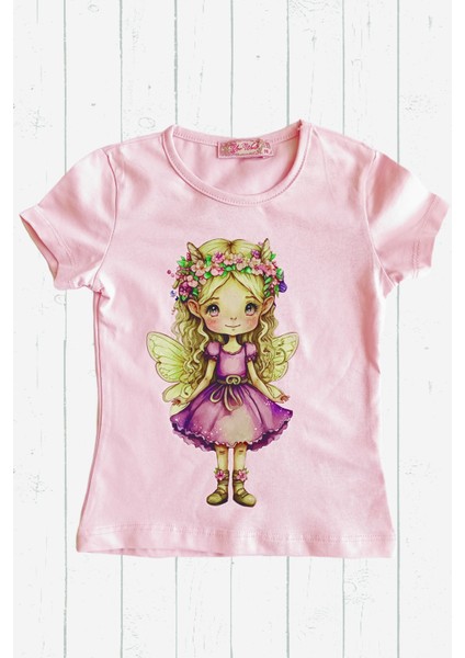 Kız Çocuk T-Shirt Pembe Renk Pamuklu Baskılı Çocuk Penye
