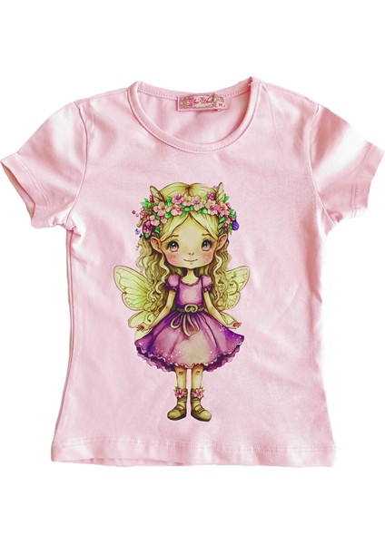 Kız Çocuk T-Shirt Pembe Renk Pamuklu Baskılı Çocuk Penye