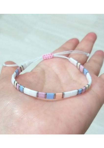 Gümüş Rengi Hematit Doğaltaşlı Beyaz Pembe Mavi Somon Renkli Miyuki Tila Bileklik
