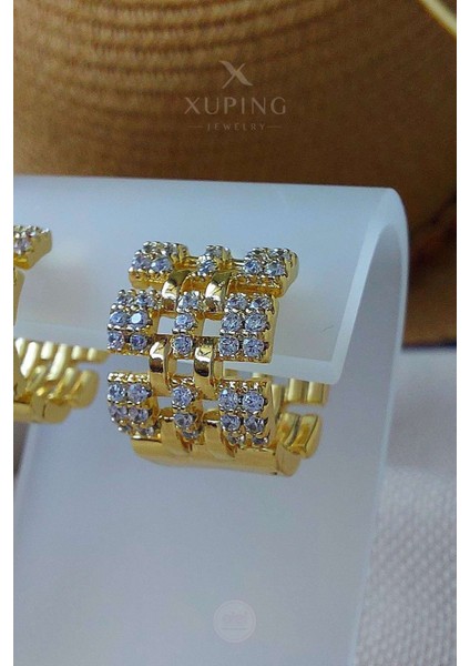 Xuping Jewelry Xuping Küpe Halka Şekillli Yuvarlak Zirkon Taşlı 14 Ayar Altın Kaplama Gold Renk